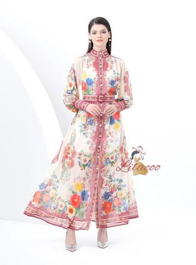 Retro Stand-up Lantern Sleeve Printed Dress