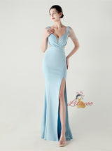 Mermaid Split Straps Pleats Beading Prom Dress