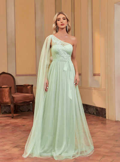 Light Green Tulle One Shoulder Prom Dress