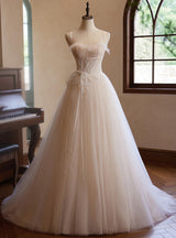 Champagne Tulle Pleats Straps Wedding Dress