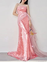Pink Mermaid Sequins Strapless Prom Dress