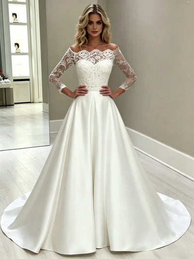 White Satin Lace Long Sleeve Wedding Dress