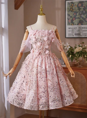 Pink Sequins Straps Flower Pleats Homecoming Dress