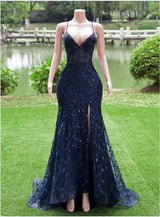 Navy Blue Mermaid Spaghetti Straps Prom Dress