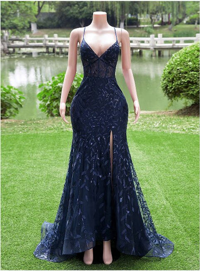 Navy Blue Mermaid Spaghetti Straps Prom Dress