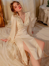 V-neck Satin Lace Embroidered Split Nightdress