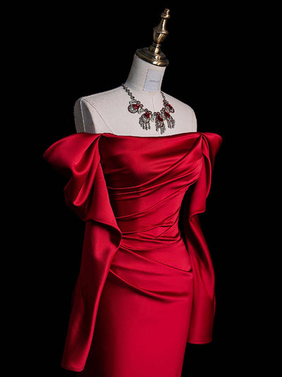 Burgundy Mermaid Satin Pleats Prom Dress