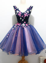 Blue Tulle V-neck Appliques Homecoming Dress