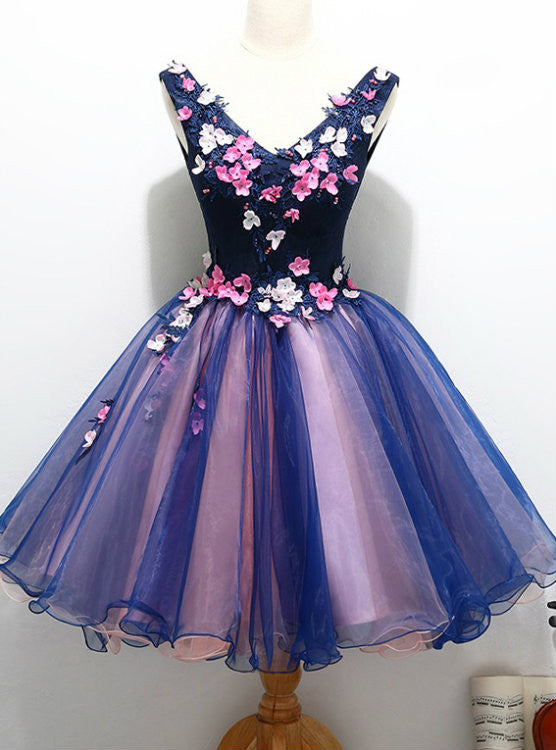 Blue Tulle V-neck Appliques Homecoming Dress