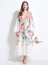 Retro Printed Breasted Puff Sleeve Dress