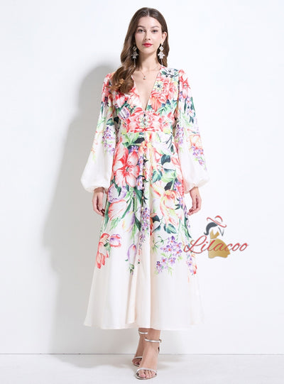 Retro Printed Breasted Puff Sleeve Dress