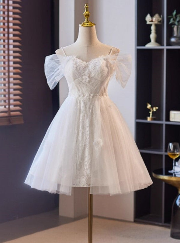 White Tulle Lace Spaghetti Straps Wedding Dress