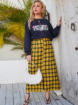 Printed Long-sleeved Top Plaid Skirt Suit