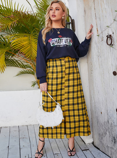 Printed Long-sleeved Top Plaid Skirt Suit