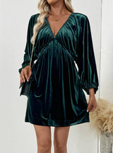 Retro Pleated Deep V-neck Velvet Dress
