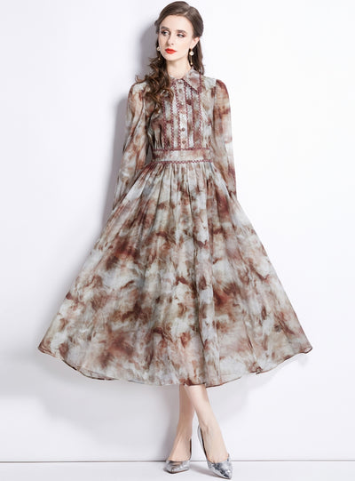 Lantern Long Sleeve Lapel Printed Shirt Dress