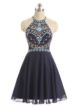 Navy Blue Halter Chiffon Beading Homecoming Dress