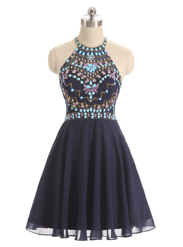 Navy Blue Halter Chiffon Beading Homecoming Dress