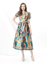 Palace V-neck Mesh Bubble Sleeve Printed Dress