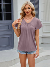 Solid Color Pleated V-neck Short-sleeved T-shirt