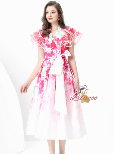 Women V-neck Slim Printed Dress