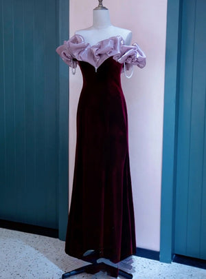 Burgundy Mermaid Velvet Beading Prom Dress