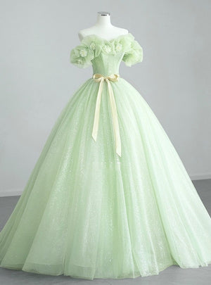 Green Tulle Sequins 3D Flower Prom Dress