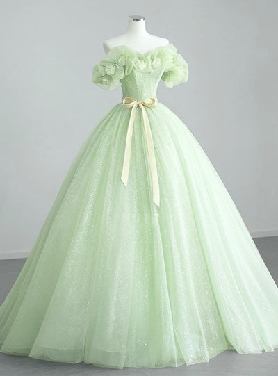 Green Tulle Sequins 3D Flower Prom Dress
