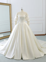Ivory White Satin Puff Sleeve Wedding Dress