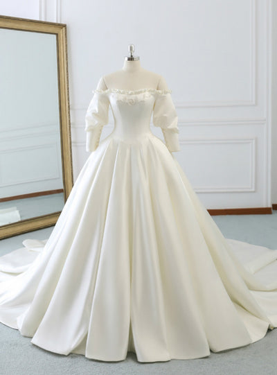 Ivory White Satin Puff Sleeve Wedding Dress
