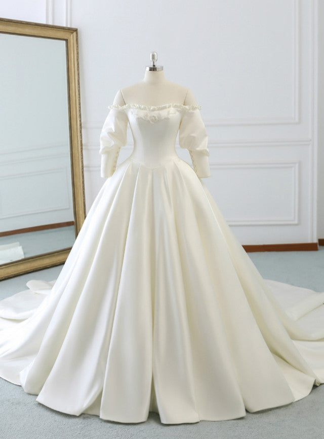 Ivory White Satin Puff Sleeve Wedding Dress