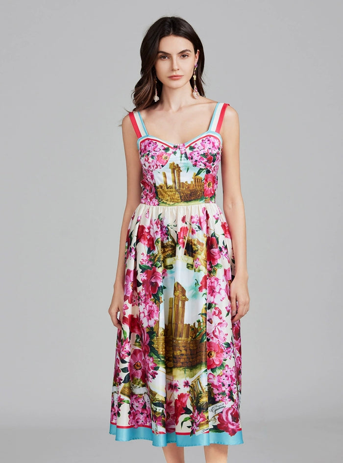 Women Slim Printed Suspenders Dress