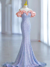 Blue Mermaid Sequins Off the Shoulder Prom Dress