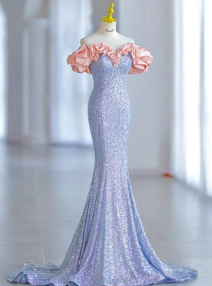 Blue Mermaid Sequins Off the Shoulder Prom Dress