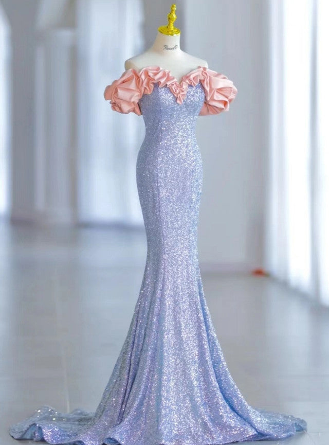 Blue Mermaid Sequins Off the Shoulder Prom Dress