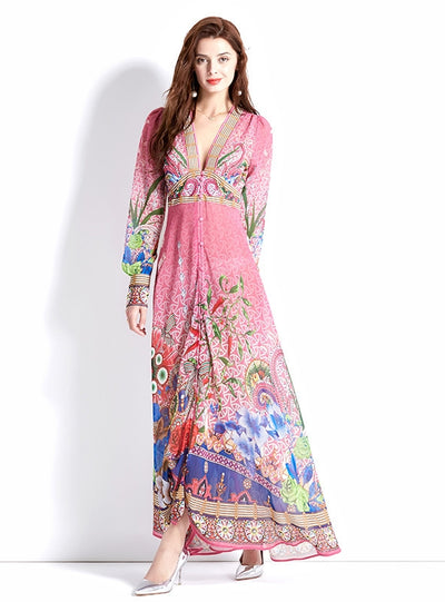 Retro Deep V-neck Lantern Sleeve Printed Dress