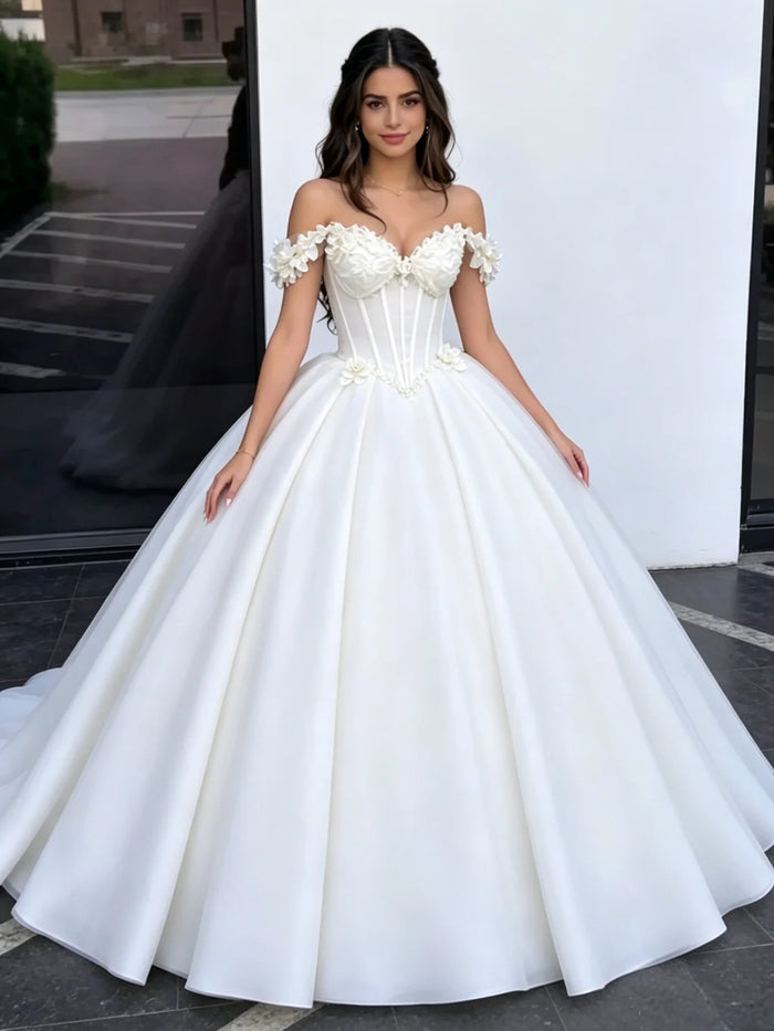 Beige White Off the Shoulder Appliques Quinceanera Dress
