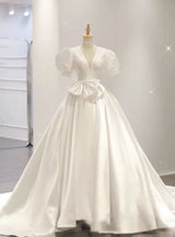 White Satin V-neck Puff Sleeve Wedding Dress