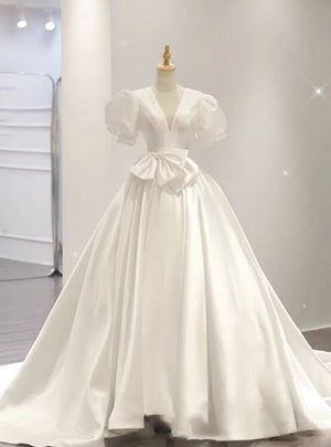 White Satin V-neck Puff Sleeve Wedding Dress