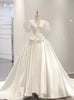 White Satin V-neck Puff Sleeve Wedding Dress