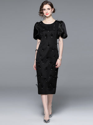Retro Bubble Sleeve Heavy Beaded Dress