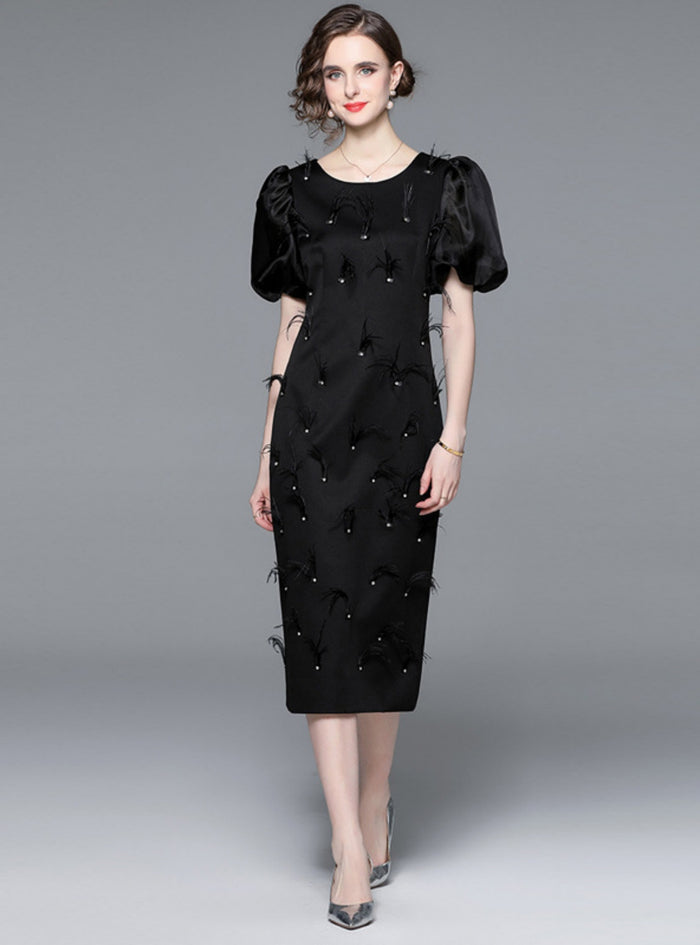 Retro Bubble Sleeve Heavy Beaded Dress
