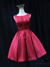 Burgundy Satin Appliques Homecoming Dress