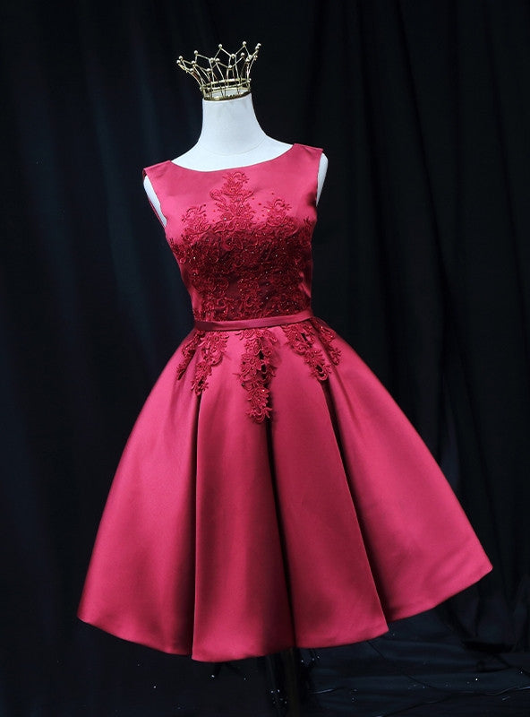 Burgundy Satin Appliques Homecoming Dress
