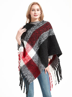 Thick Fringed Plaid Pullover Cloak