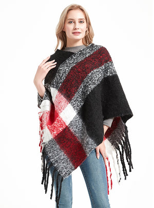 Thick Fringed Plaid Pullover Cloak
