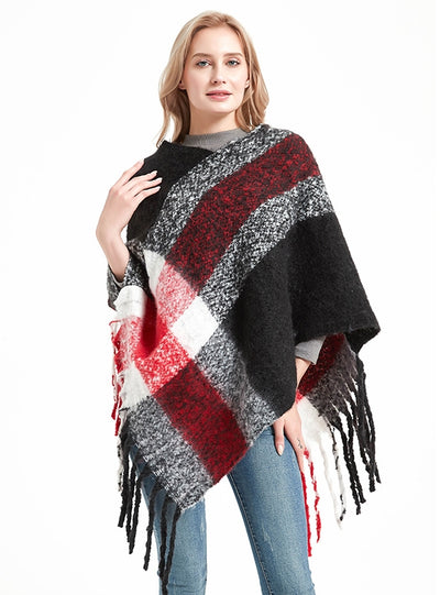 Thick Fringed Plaid Pullover Cloak