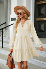Solid Color V-neck Pleated Long Sleeve Dress