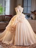 Champagne Tulle Strapless Flower Bow Wedding Dress