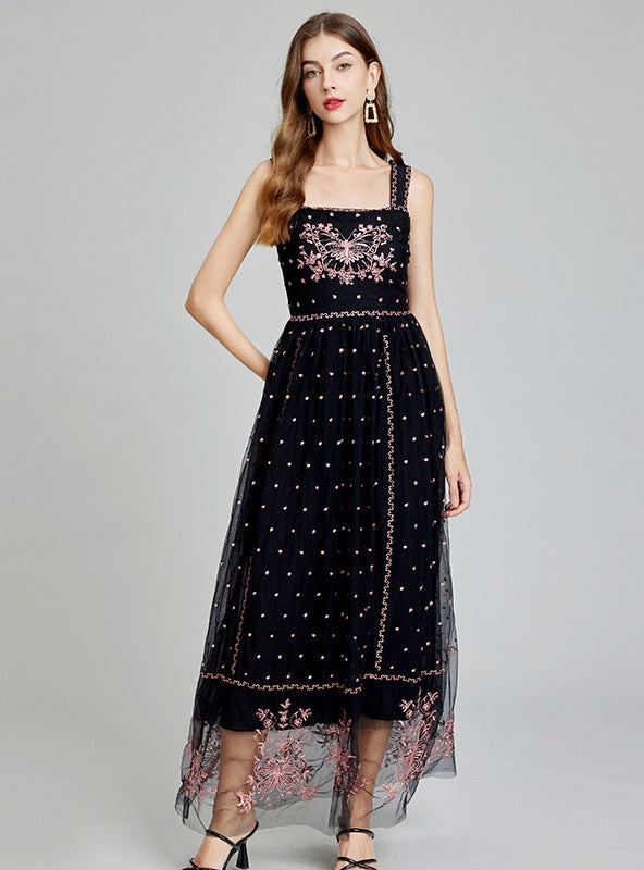 Retro Heavy Industry Gauze Embroidered Dress